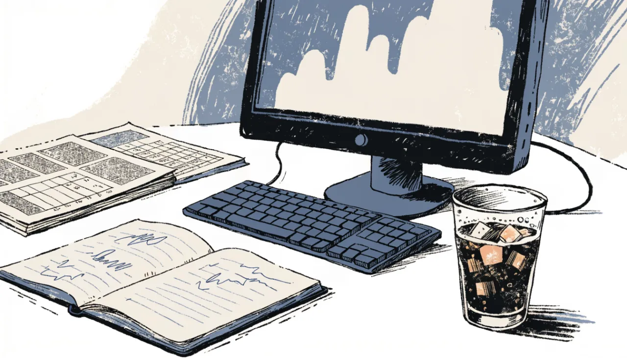 Restrained editorial illustration of an analyst workstation with unreadable chart shapes, alternate view: image for