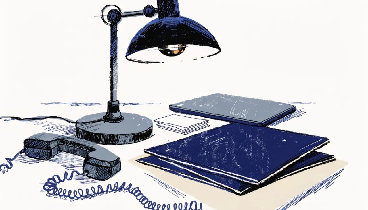 Restrained editorial illustration of compliance folders and a desk lamp: image for