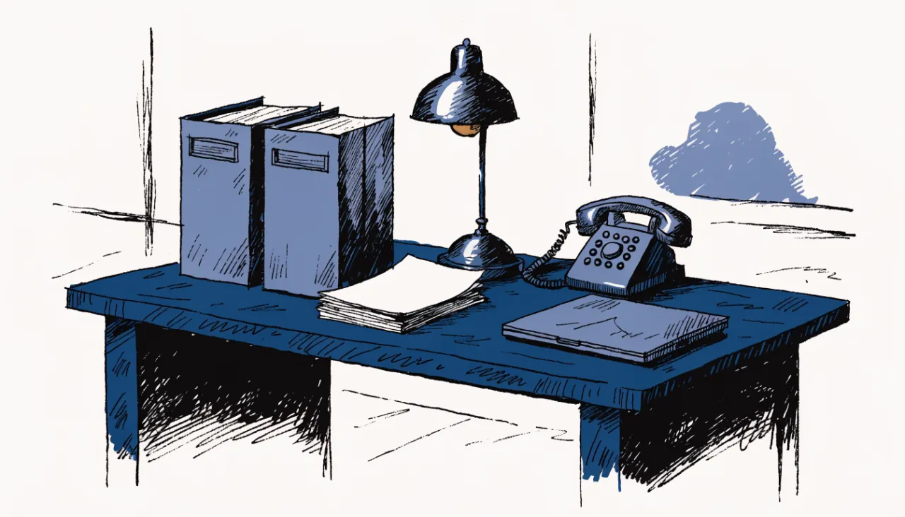 Restrained editorial illustration of compliance folders and a desk lamp, alternate view: image for