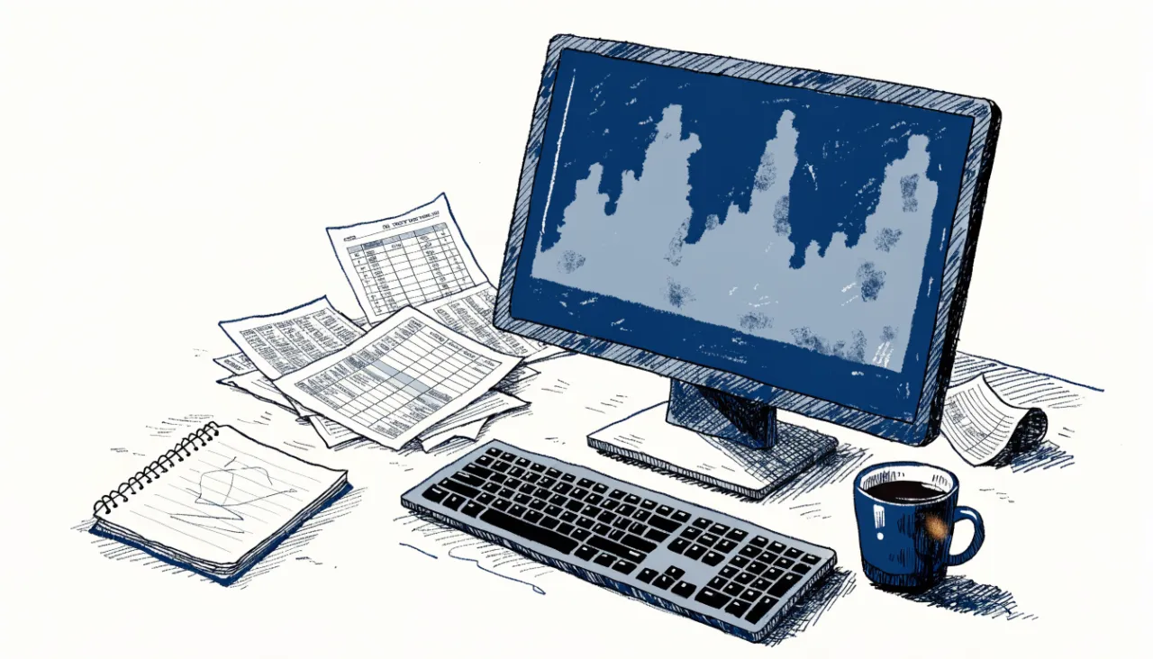 Restrained editorial illustration of an analyst workstation with unreadable chart shapes: image for