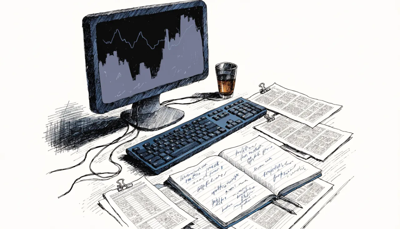 Restrained editorial illustration of an analyst workstation with unreadable chart shapes, alternate view: image for