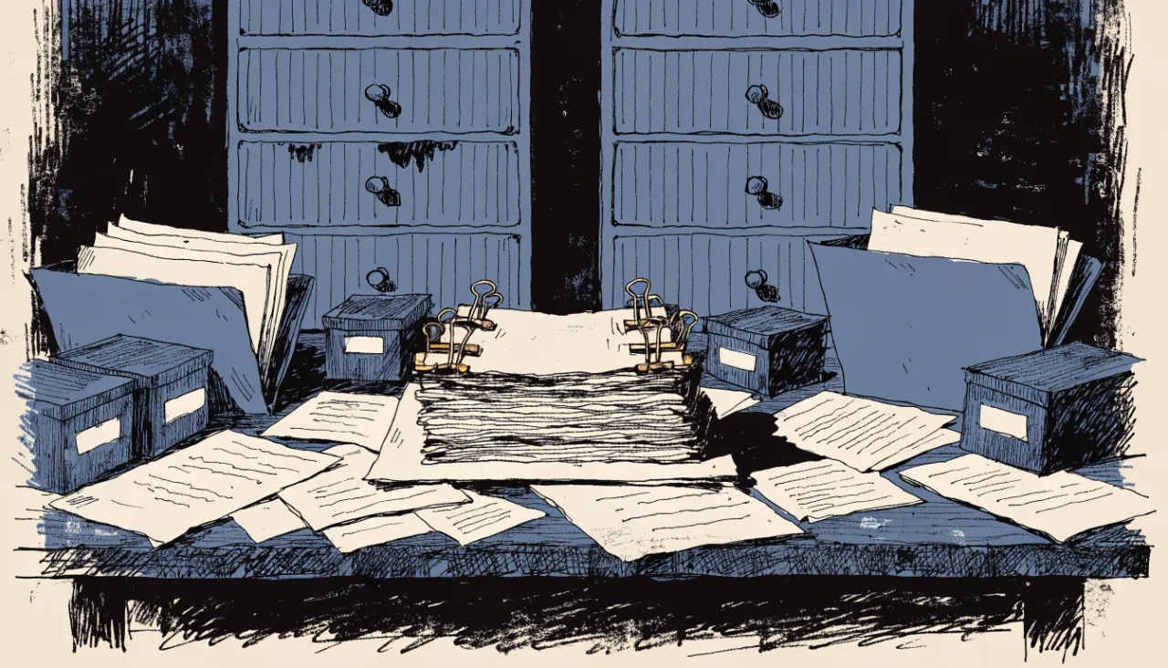 Restrained editorial illustration of filing folders and source documents: image for