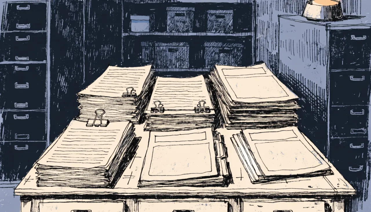 Restrained editorial illustration of filing folders and source documents, alternate view: image for
