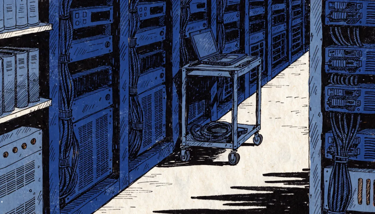 Restrained editorial illustration of a tidy server room aisle with bundled cables: image for