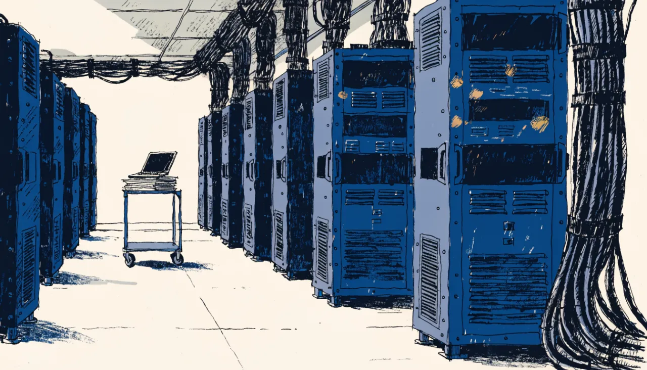 Restrained editorial illustration of a tidy server room aisle with bundled cables, alternate view: image for