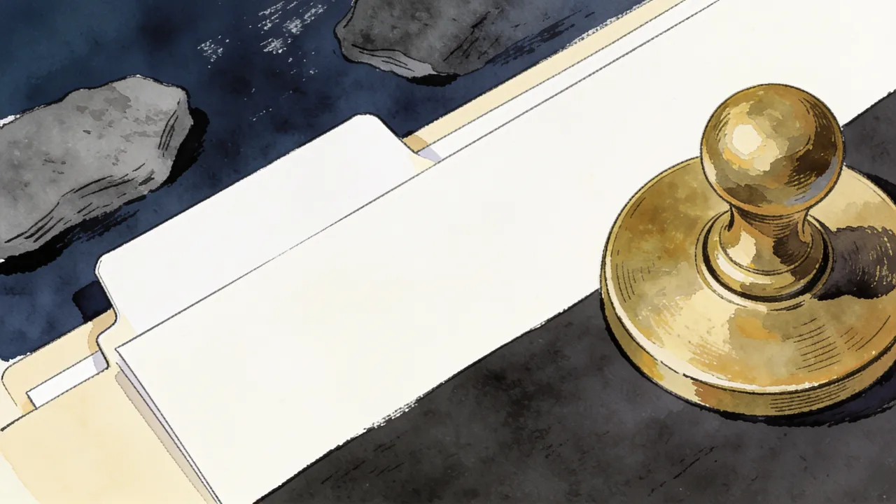 Illustration: blank filing tabs beside brass paperweight on dark paper