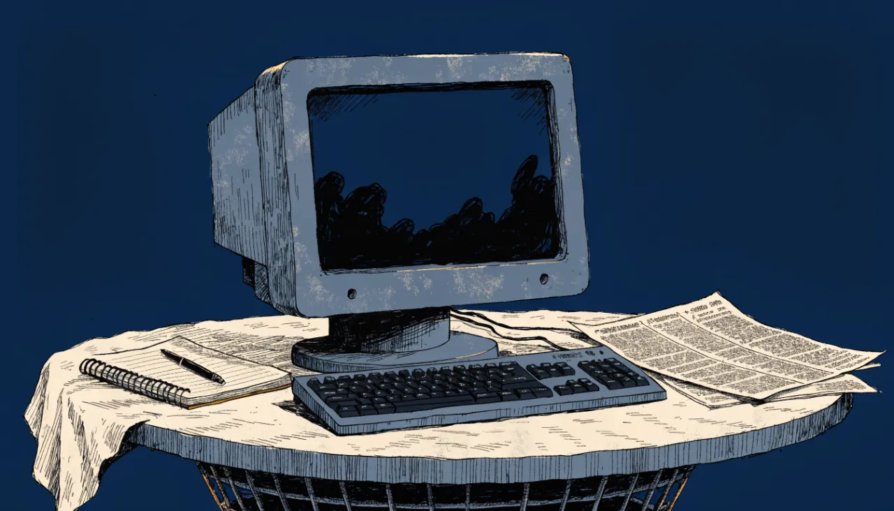 Restrained editorial illustration of an analyst workstation with unreadable chart shapes: image for