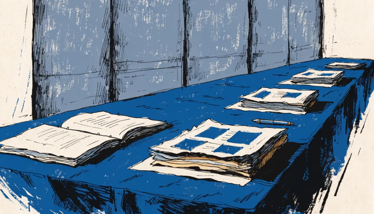 Restrained editorial illustration of portfolio binders on a boardroom table: image for