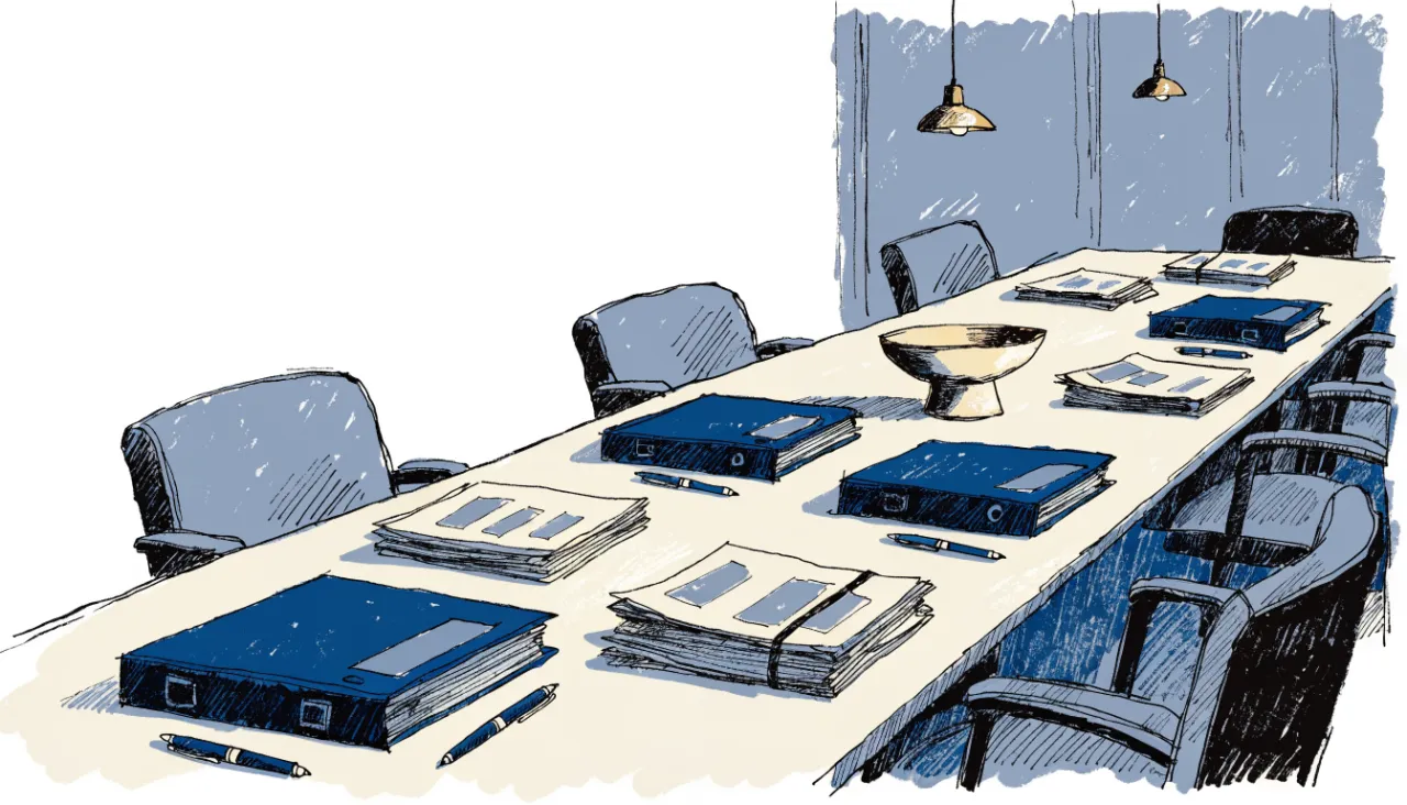 Restrained editorial illustration of portfolio binders on a boardroom table, alternate view: image for
