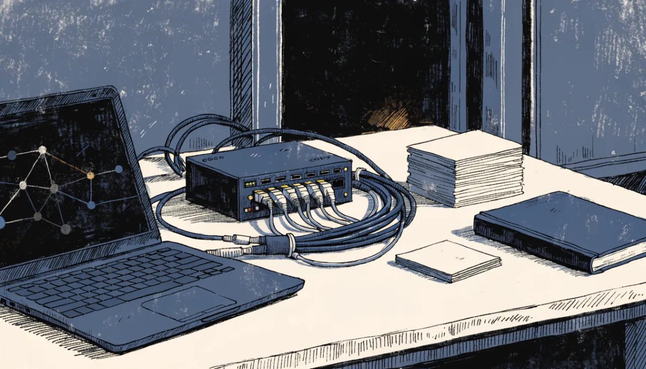 Restrained editorial illustration of a developer desk and data connectors: image for