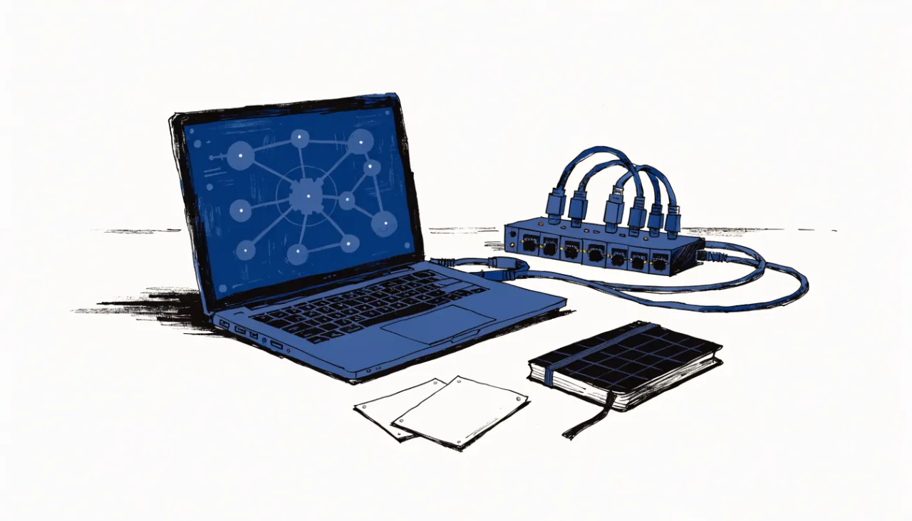 Restrained editorial illustration of a developer desk and data connectors, alternate view: image for