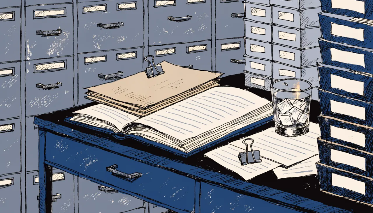 Restrained editorial illustration of filing folders and source documents: image for