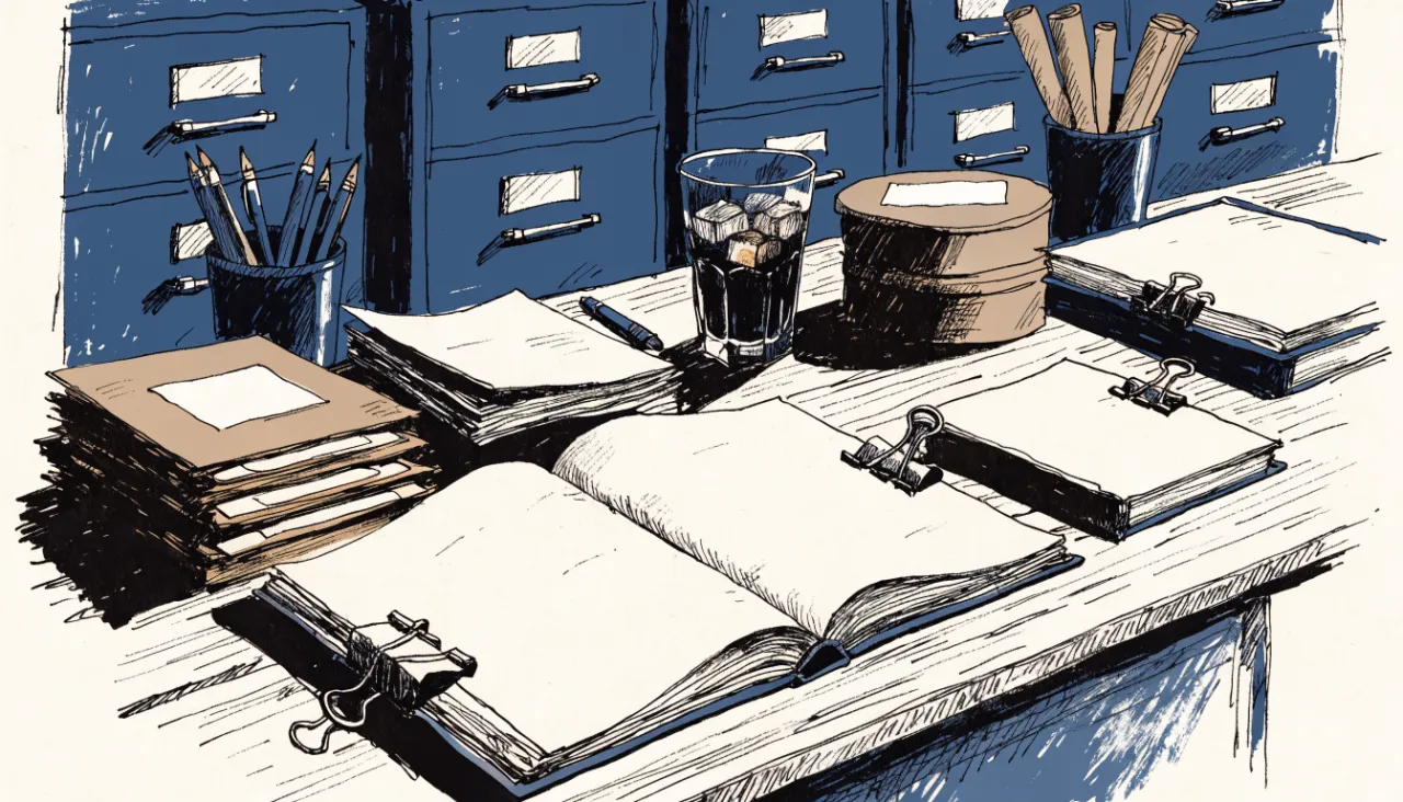 Restrained editorial illustration of filing folders and source documents, alternate view: image for