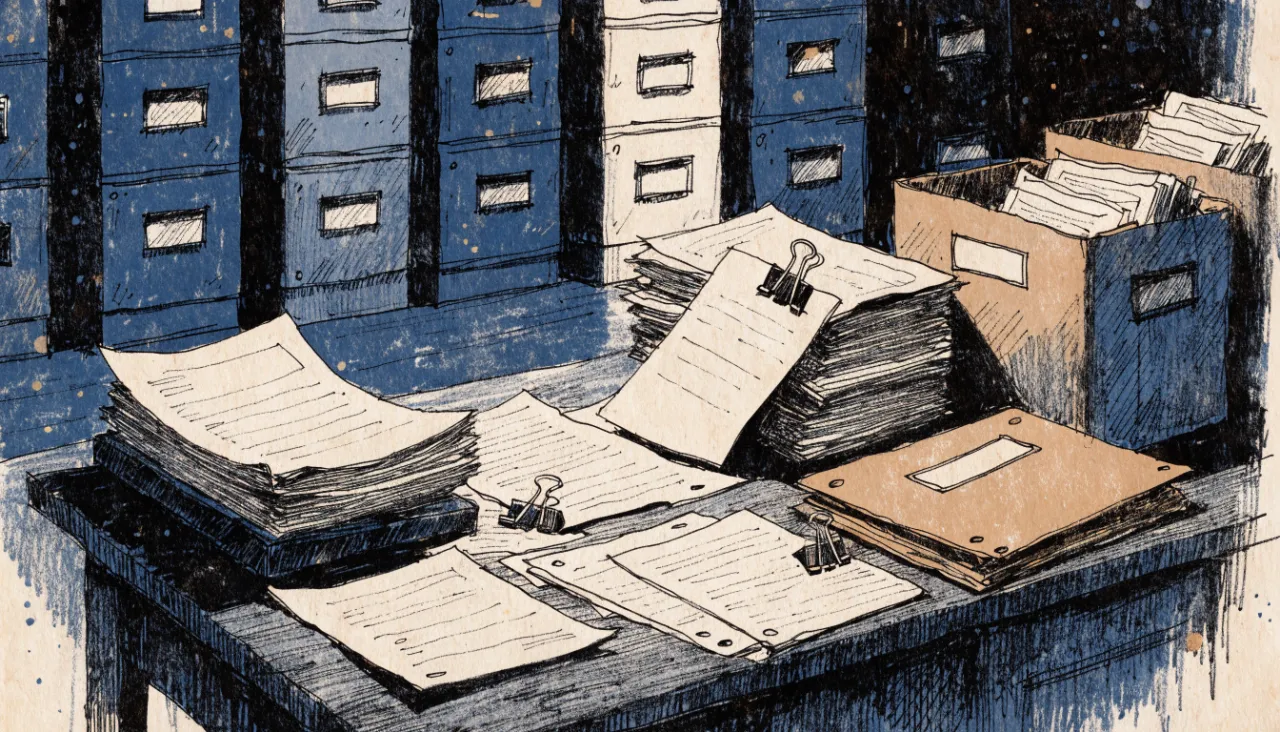 Restrained editorial illustration of filing folders and source documents: image for