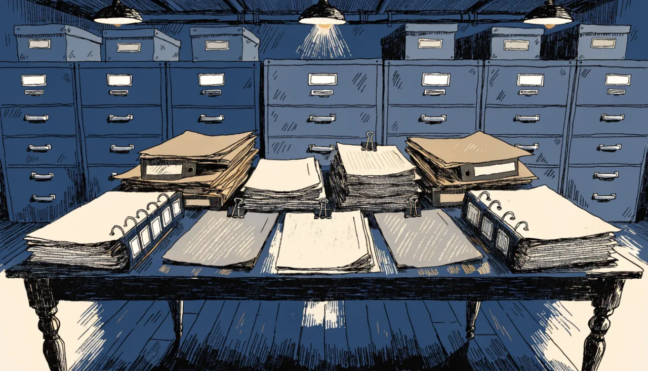 Restrained editorial illustration of filing folders and source documents, alternate view: image for
