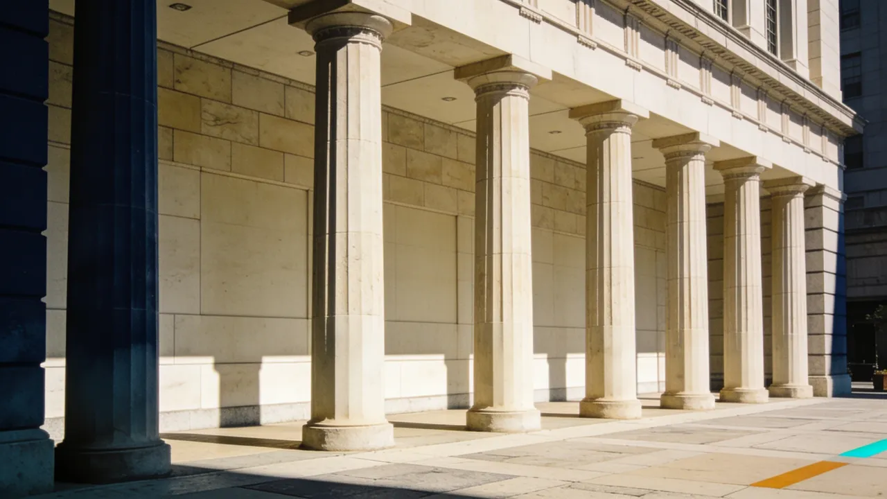 Illustration: courthouse columns and upper windows from a public plaza