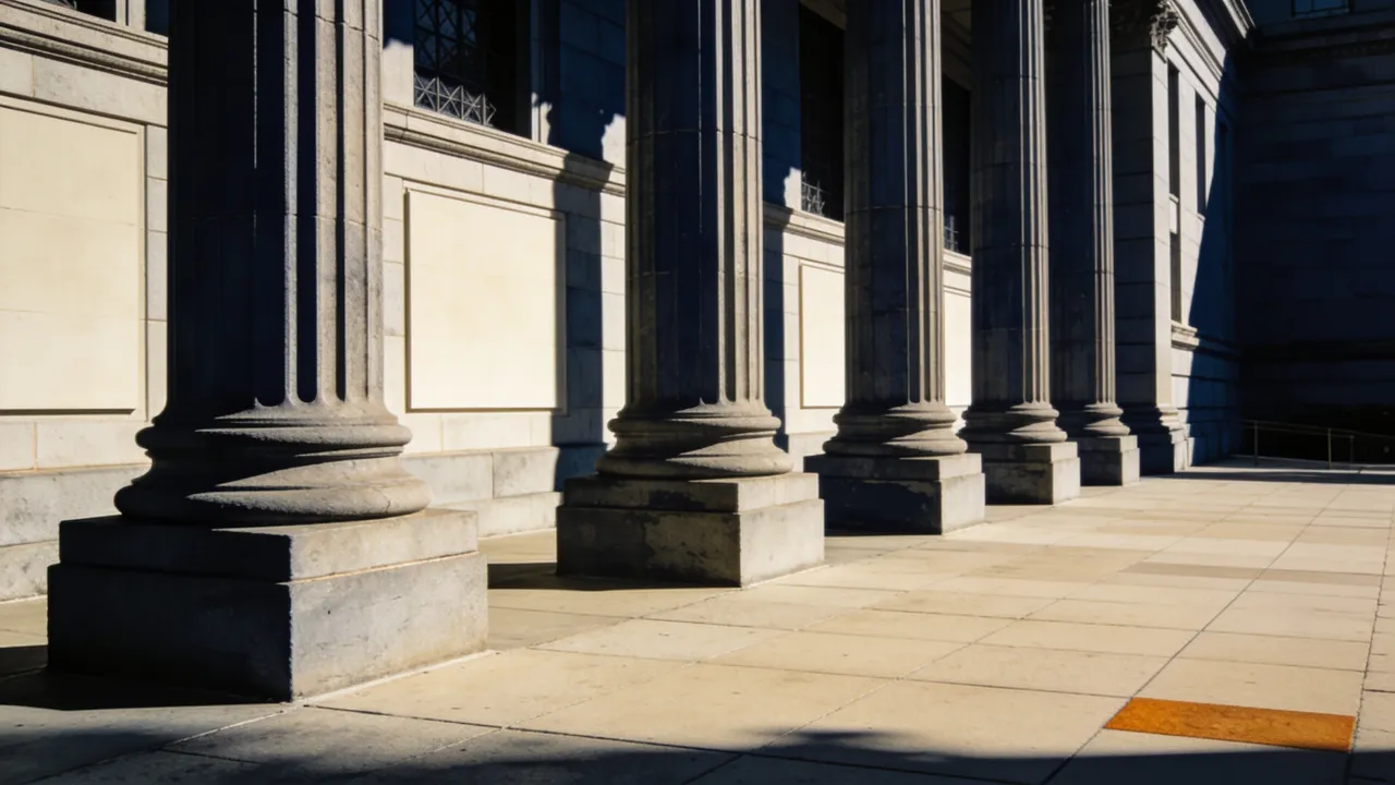 Illustration: courthouse columns and upper windows from a public plaza