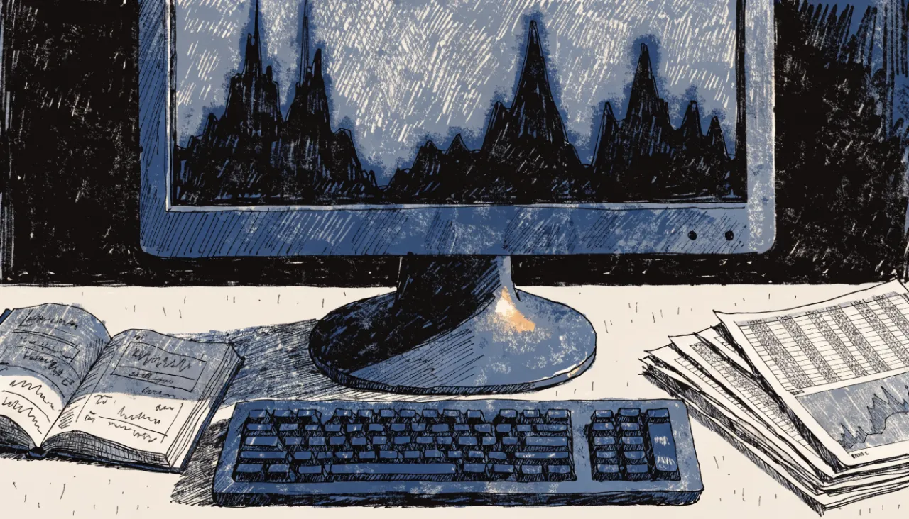 Restrained editorial illustration of an analyst workstation with unreadable chart shapes: image for