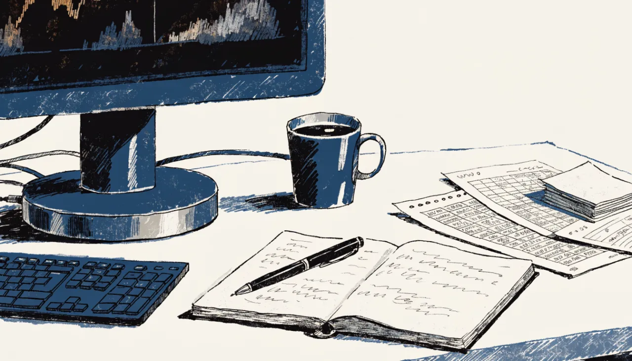 Restrained editorial illustration of an analyst workstation with unreadable chart shapes: image for