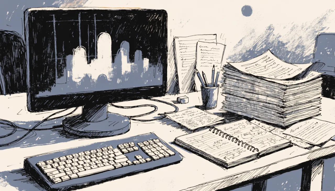 Restrained editorial illustration of an analyst workstation with unreadable chart shapes: image for