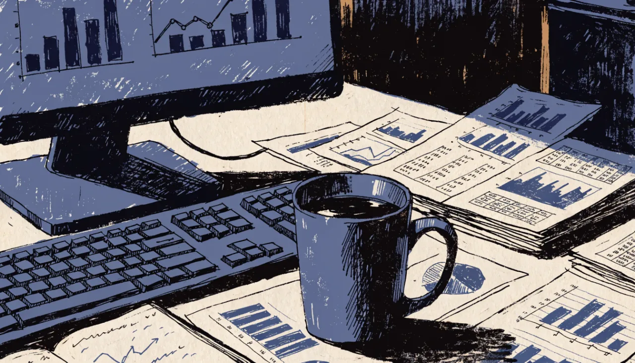 Restrained editorial illustration of an analyst workstation with unreadable chart shapes: image for