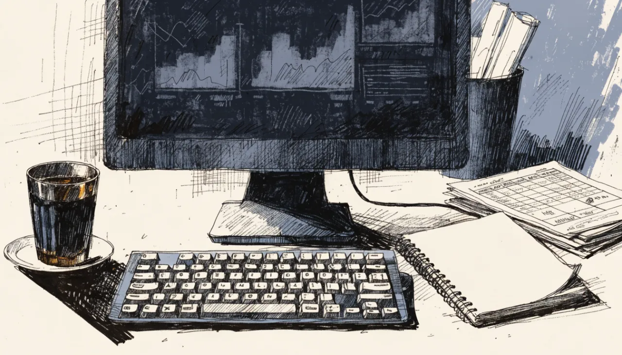 Restrained editorial illustration of an analyst workstation with unreadable chart shapes: image for