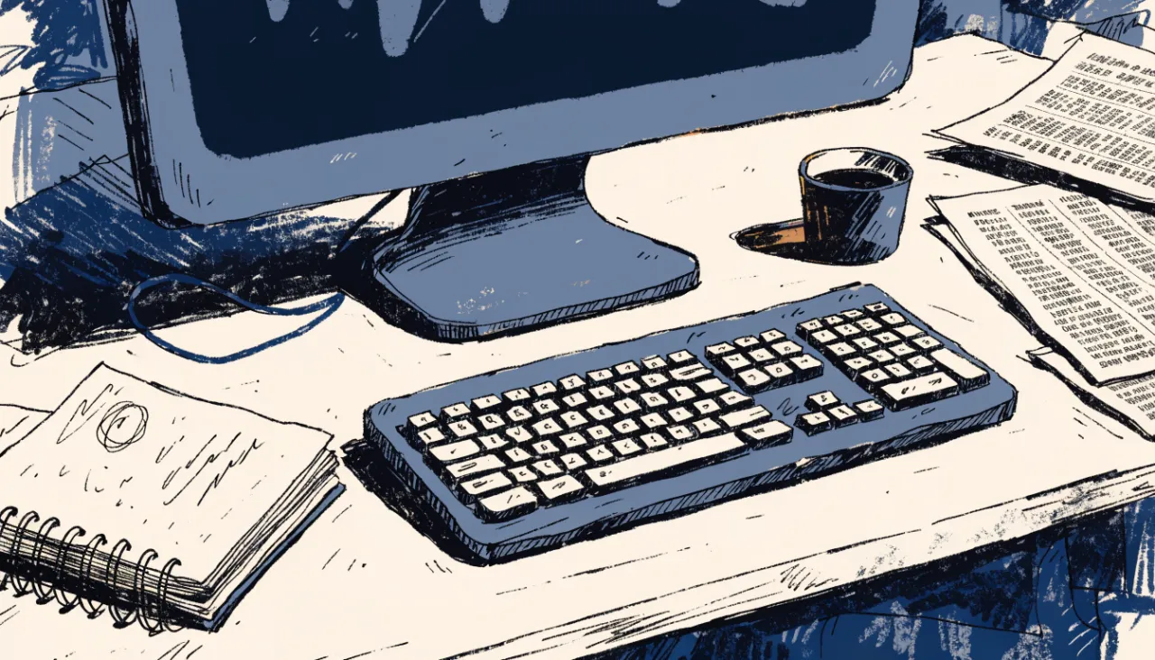 Restrained editorial illustration of an analyst workstation with unreadable chart shapes: image for