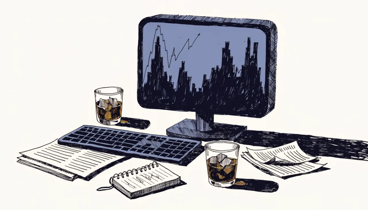 Restrained editorial illustration of an analyst workstation with unreadable chart shapes: image for