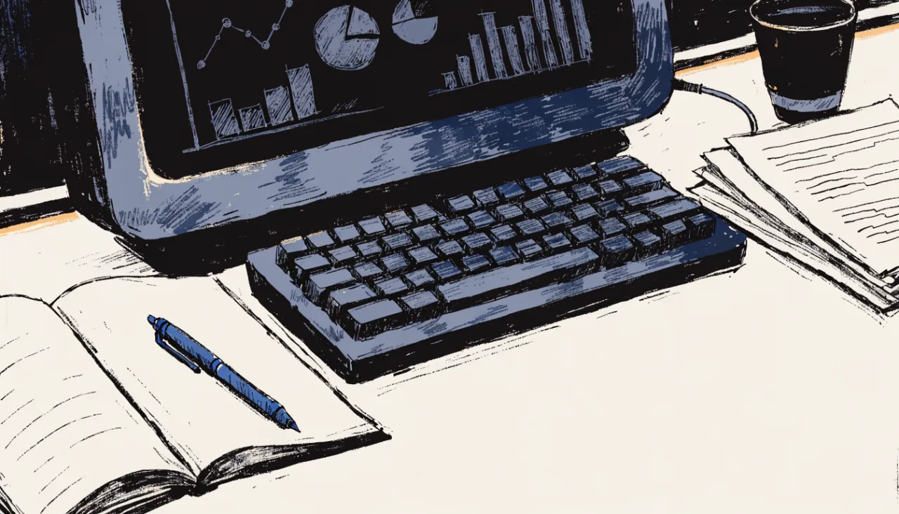 Restrained editorial illustration of an analyst workstation with unreadable chart shapes: image for