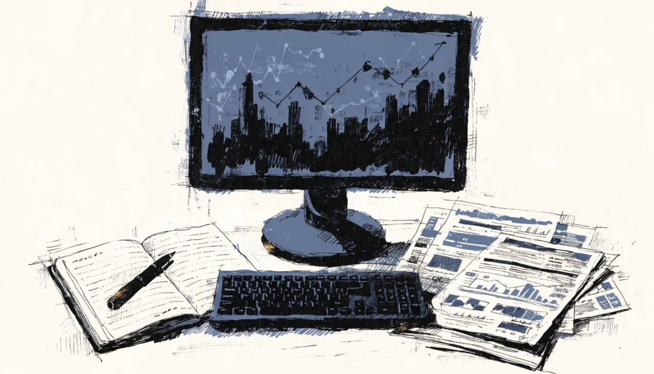 Restrained editorial illustration of an analyst workstation with unreadable chart shapes: image for