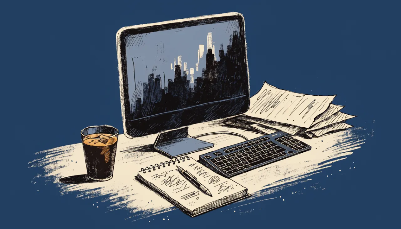 Restrained editorial illustration of an analyst workstation with unreadable chart shapes: image for