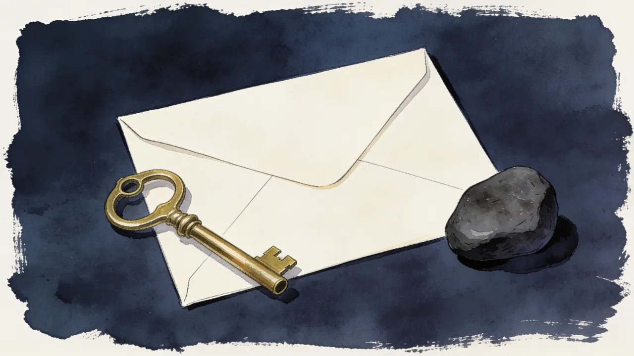 Illustration: closed envelope beside a brass key and plain dark stone