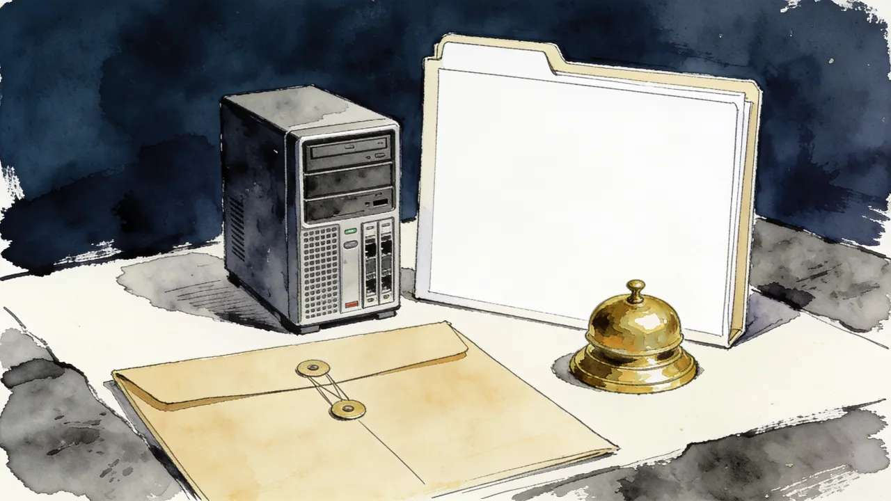 Illustration: small data server beside a sealed blank folder and brass paperweight