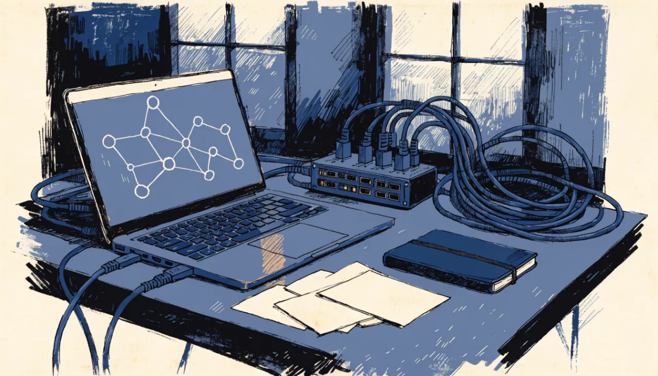 Restrained editorial illustration of a developer desk and data connectors: image for