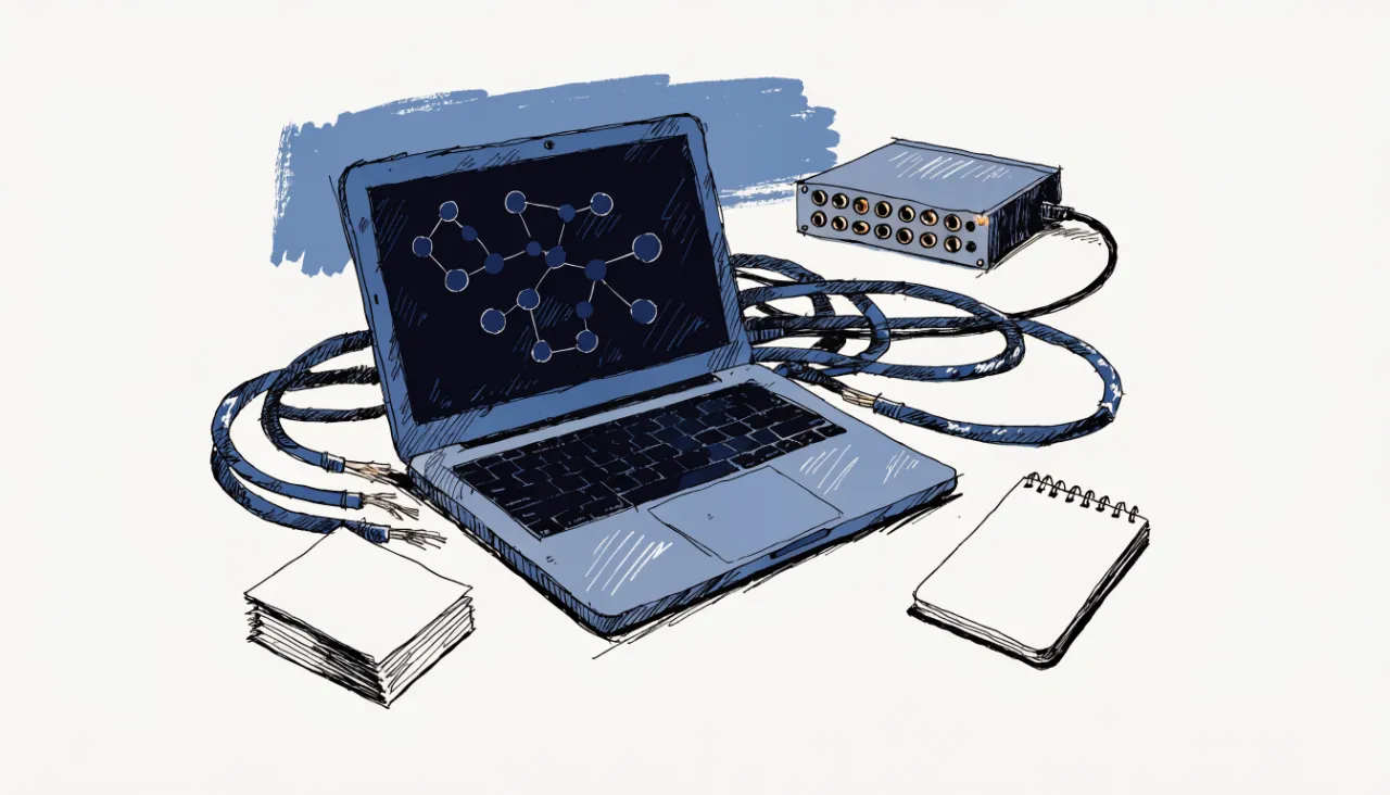 Restrained editorial illustration of a developer desk and data connectors, alternate view: image for
